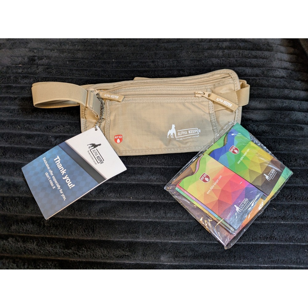 Alpha Keeper RFID Blocking Money Belt Travel Pouch Tan Khaki with Card Sleeves